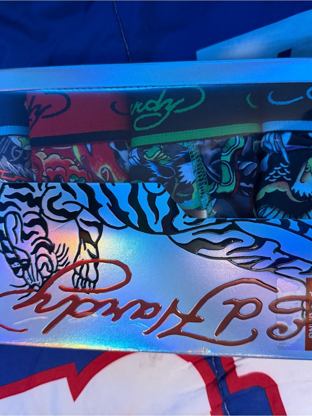 Ed Hardy Holographic Boxer Briefs Packaging - Purple and Blue Tones